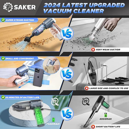 Saker Car Vacuum Cleaner 17000PA Foldable Mini Handheld Vacuums Portable Cordless with Brushless Motor for Gifts, Hair,Cars,Bedrooms,Offices Cleaning HL132 Silver