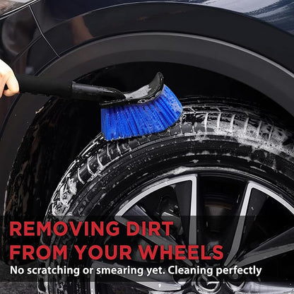 TAKAVU 17.5" Long Handle Wheel Tire Body Brush - Gentle Car Wash Brush for Safe Tire Sidewall & Wheel Cleaning - Scratch-Free Automotive Tool (Blue - Stiff Bristle)