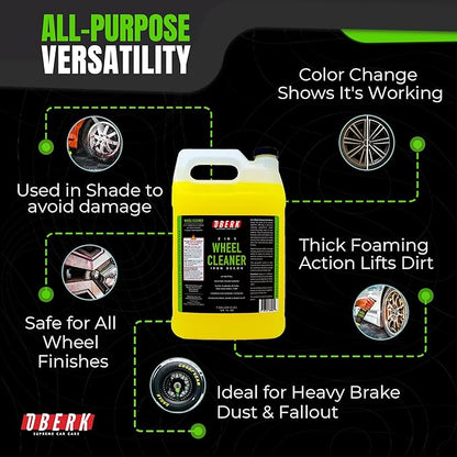 Oberk 2-in-1 Wheel Cleaner & Iron Remover – pH Neutral Iron Decon Spray for Car Detailing – Safe on Painted, Chrome, Aluminum, Powder-Coated Wheels (2 in1 Wheel Cleaner Gallon - 128oz)