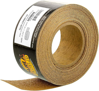 Dura-Gold Premium Gold 60 Grit PSA Longboard Sandpaper, 10 Yard Roll, 2-3/4" Wide, Self Adhesive Stickyback, Woodworking & Automotive Sandpaper Roll, Air File Sand Paper, Auto Sanding Blocks