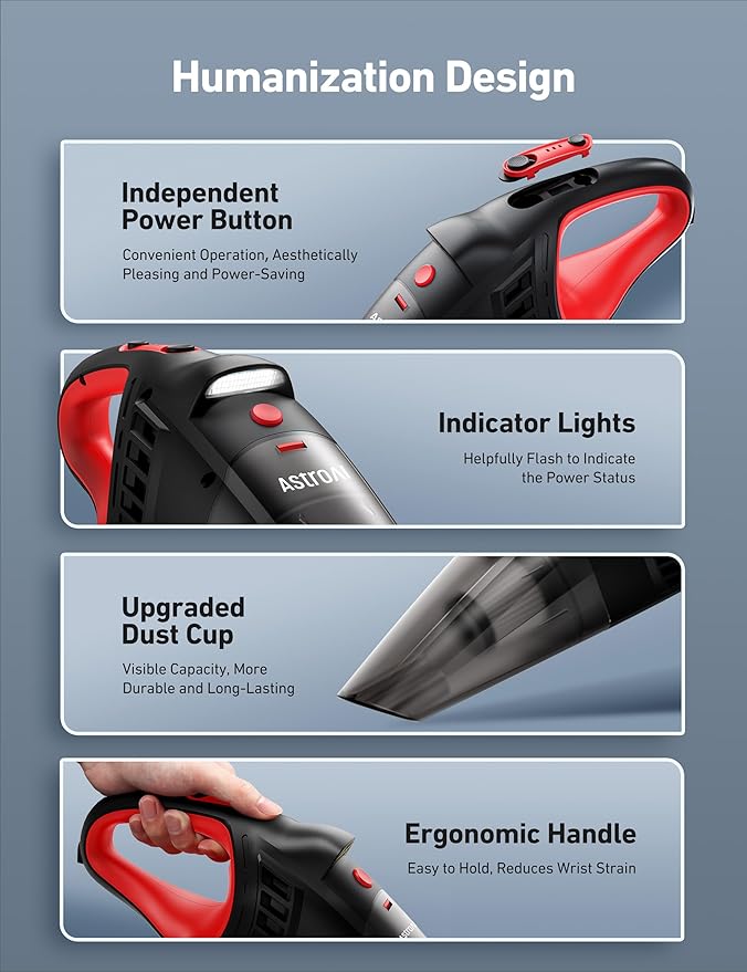 AstroAI Car Vacuum Cleaner, Portable Handheld Vacuum and Car Accessories, 16.4 Ft Cord-12V DC Power, LED Light, w/3 Attachments，Auto Accessories Kit for Interior Detailing for Quick Cleaning (Red)