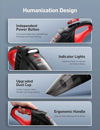 AstroAI Car Vacuum Cleaner, Portable Handheld Vacuum and Car Accessories, 16.4 Ft Cord-12V DC Power, LED Light, w/3 Attachments，Auto Accessories Kit for Interior Detailing for Quick Cleaning (Red)
