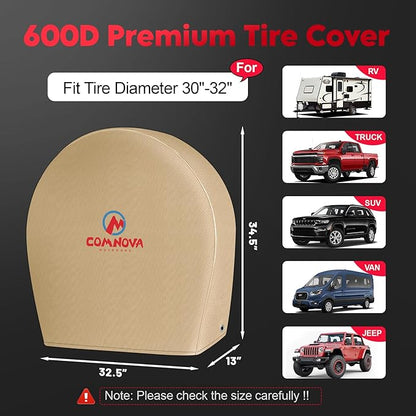 Comnova RV Tire Covers 2 Pack - 600D Tough Tire Wheel Cover Protector for RV, Truck, SUV, Trailer, Camper, Boat and Van, Heavy Duty & Waterproof Tire Cover, Fits Tire Diameters 30-32 Inch, Beige