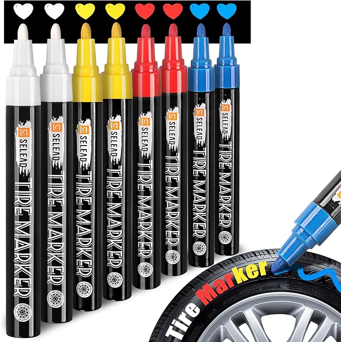 SELEAD Tire Marker White Red Yellow Blue - 8 Pack Paint Pens for Car Tires Lettering, Premium Professional Oil Based Waterproof Colored Permanent Markers