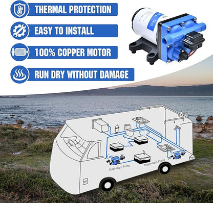 DC HOUSE 42 Series RV Water Pump Replacement Quiet 12V 3.5GPM 55PSI, 12 Volt Water Diaphragm Pressure Pump Self Priming with Bypass for Reduced Cycling Transfer Fresh Salt Liquid Yacht Trailer Truck