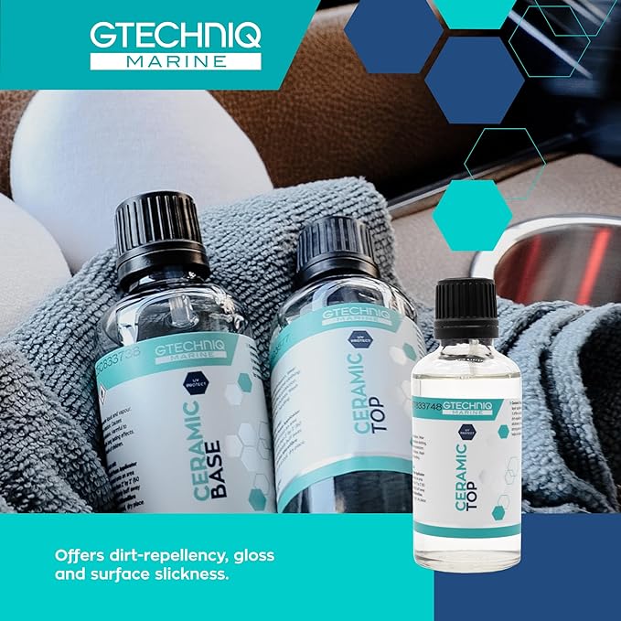 Gtechniq Ceramic Top - Professional Marine Coating for Boats - High Gloss, Optically Clear Finish, UV Protection - Dirt & Water Repellent - Kit includes Applicator Pad & Gloves - 50ml