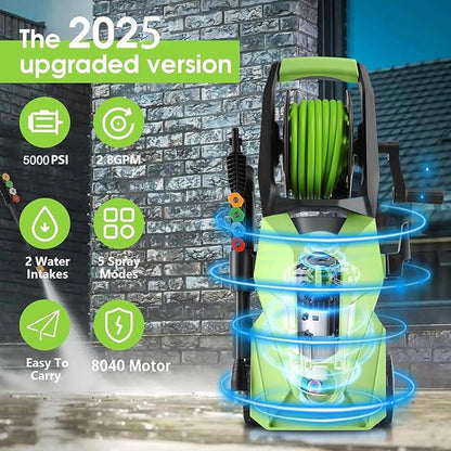 Electric Pressure Washer 5000 PSI,2.8 GPM Power Washer with Foam Cannon,Portable Cleaner with 33ft Hose Reel,4 Nozzle Tips,and Soap Bottle for Cars/Home/Driveways/Patios/Decks/Fences(Green)