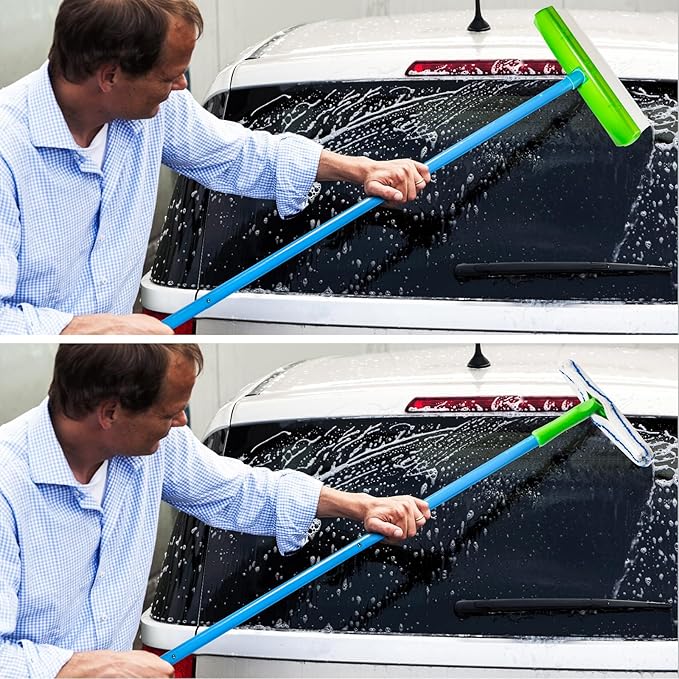 Forgrace Flexible Silicone Squeegee T-Bar Water Blade Microfiber Scrubber with Long Handle for Car or Home Glass Professional Car Windshield Squeegee, Window Cleaning Tool