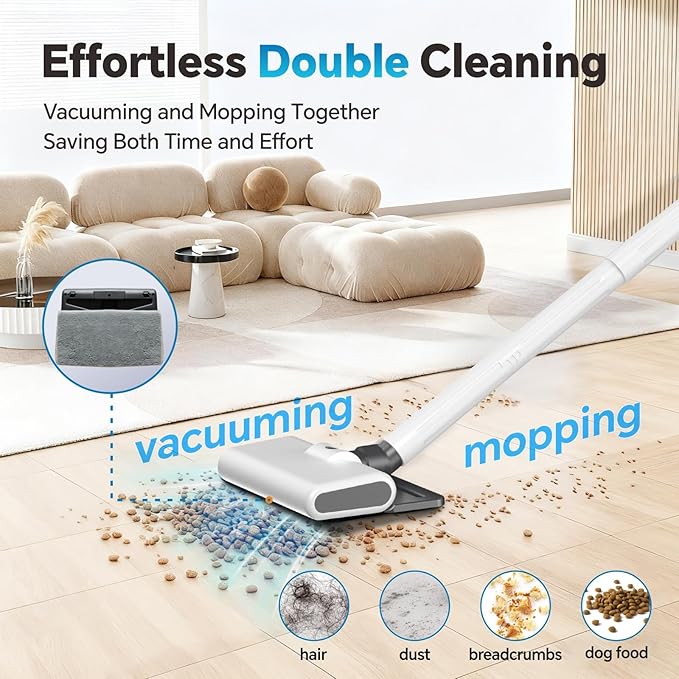Cordless Vacuum Cleaner for Home, Powerful Stick Vacuum Cleaner with LED Screen and 3-Speed Suction, Rechargeable Vacuum Cordless, Lightweight Handheld Vacuum for Hard Floors Carpets Pet Hair, White