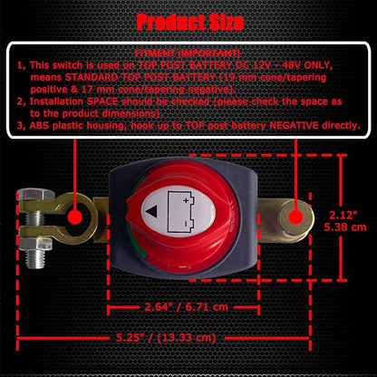 Ampper Top Post Battery Disconnect Switch 12V - 48V, Marine Battery Switch Disconnect Power Cut Shut Off for Car, RV and Boat (Negative, On/Off)