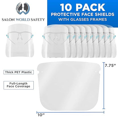 TCP Global Salon World Safety Face Shields with Glasses Frames (Pack of 10) - Ultra Clear Protective Full Face Shields