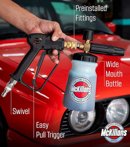 McKillans Pressure Washer Gun with Swivel & Foam Cannon Wide Mouth & M22-14mm Adapter - Adjustable Thick Foam - Power Washer Gun - 3/8" Male Plug & 1/4” Quick Connector Coupler