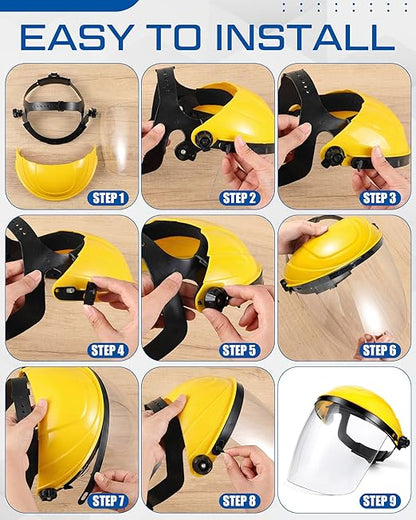 Tellegloww 4 Pcs Safety Face Shield for Grinding and Cutting, Clear Impact Resistant Visor, Full Face Shield Mask with Ratchet Headgear for Grinding, Isolation, Weed Whacking, Industrial Use (Yellow)