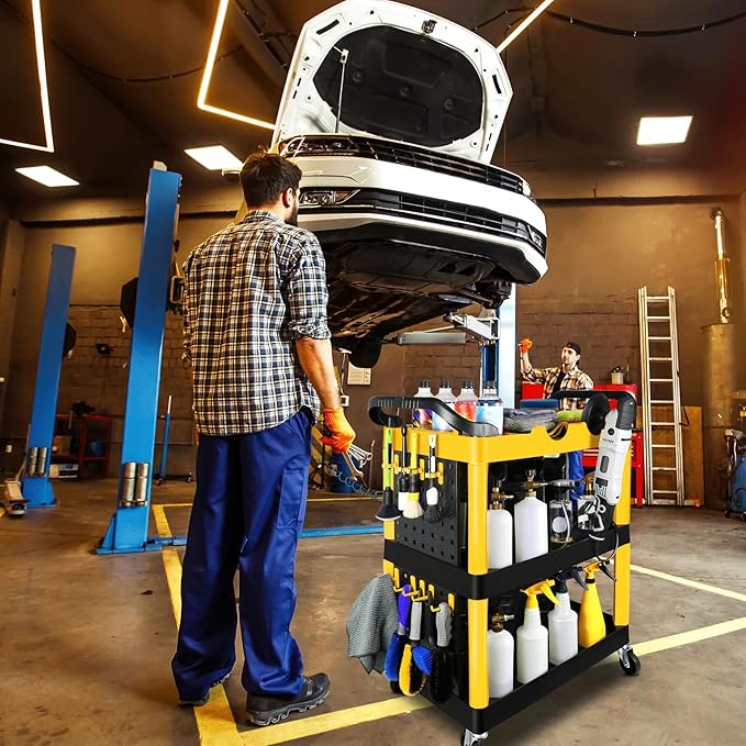Auto Detailing Cart with Wheels, 3 Tier Car Detailing Cart with Hanging Boards & Hooks, Car Wash Organizer for Garage Workshop DIY Home