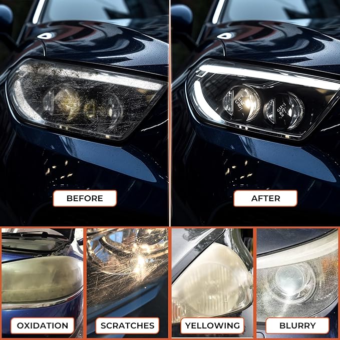 ISINFLASH Car Headlight Restoration Kit, 3 Easy Steps to Restore Sun Damaged Automotive Headlights Lens, Polish Restorer Cleaner Tool DIY Polishing, Sanding Discs, Scouring Pads for Electric Drill