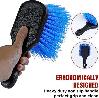 TAKAVU Short Handle Wheel Tire Brush & Included Detail Brush - Car Cleaning Kit for Rims, Tires, Interior Vents, Emblems - Scratch-Safe (Blue - Stiff Bristle)
