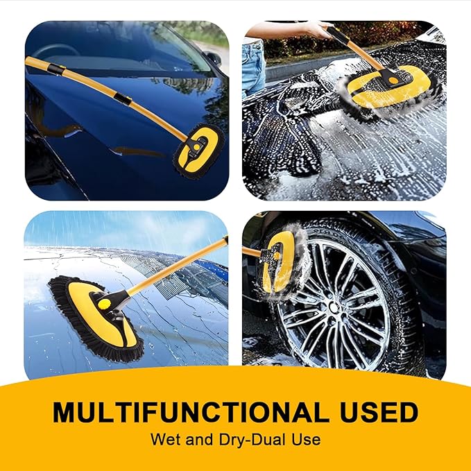 15° Curved Car Wash Brush with 43" Telescopic Handle – Microfiber Chenille Car Wash Mop for RV, SUV, Truck & Boat – Soft, Scratch-Free Extendable Cleaning Tool (Yellow&Black)