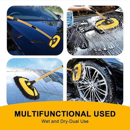 15° Curved Car Wash Brush with 43" Telescopic Handle – Microfiber Chenille Car Wash Mop for RV, SUV, Truck & Boat – Soft, Scratch-Free Extendable Cleaning Tool (Yellow&Black)