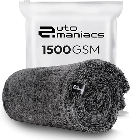 AutoManiacs Drying Towel for Car Detailing, 1500 GSM Ultra Super Absorbent, 24"x36" XL Soft Microfiber Towels for Cars, Twisted-Loop & Streak Free Microfiber Towels for Cars, Trucks, SUVs