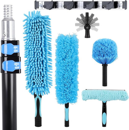 FAHKNS 20 Foot High Ceiling Fan Duster, Heavy Duty High Reach Duster Kit for Cleaning, Spider Web Brush, Washable Dust Brush for High Roof and Glass Surfaces (with 5-12ft Extension Pole)
