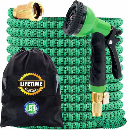 J&B XpandaHose 50ft Expandable Garden Hose – Ultra-Strong 3750D, 4-Layer Latex Core, Brass 3/4" Connectors, 10-Pattern Nozzle & Storage Bag – Lightweight, Kink-Reducing, Leak-Resistant