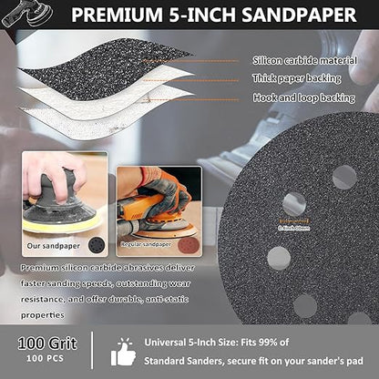 100PCS 5 Inch Hook and Loop Sanding Discs 100 Grit, 8 Hole Wet Dry Orbital Sander Sand Paper, Silicon Carbide Sandpaper for Automotive Wood Metal Glass