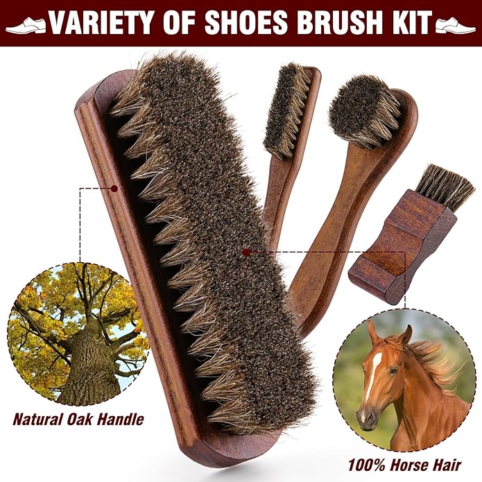 15-in-1 Shoe Shine Kit & Leather Polish Set with 4 Horsehair Brushes, Black Brown Neutral Wax, Mink Oil, 3 Cloths Shine Sponges Boot Care Cleaning Mens Valentines Day Gifts with Portable Leather Case