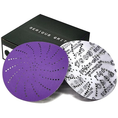 Serious Grit 6-Inch 220 Grit Ceramic Multi-Hole Hook & Loop Sanding Discs - Advanced Grain for Fast Cutting & Long Life - Film-Backed Universal Fit Sandpaper for 6-in Sanders - 50 Pack Box