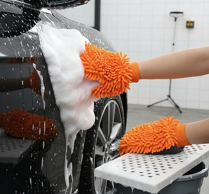 Car Wash Mitt Microfiber, 2PK-Scratch & Lint Free, Premium Chenille Microfiber Wash Mitt (Orange)