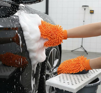 Car Wash Mitt Microfiber, 2PK-Scratch & Lint Free, Premium Chenille Microfiber Wash Mitt (Orange)