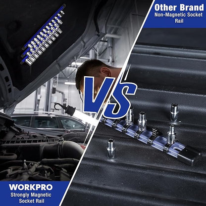 WORKPRO Magnetic Socket Organizer, 1/4-Inch Drive Aluminum Alloy Sockets Rail, Heavy Duty Sockets Holder, Socket Rack Kit 1/4-Inch x 12 Clips (Blue)