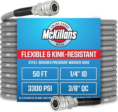 McKillans® QC Installed Pressure Washer Hose 50 ft - Flexible & Kink-resistant - Steel-Braided & Durable- 3/8" QC Pre-Installed Stainless Steel - Power Washer Hose - High Pressure 1/4" Inner Diameter