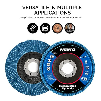 NEIKO 11255A 10 Pack Jumbo Zirconia Flap Discs 4-1/2 for Angle Grinder, 40 Grit Flapper Wheel, Flat T27 Grinding Wheel 4.5 Inch, 7/8" Arbor Grinding Disc, Flap Wheel for Wood & Metal Sanding