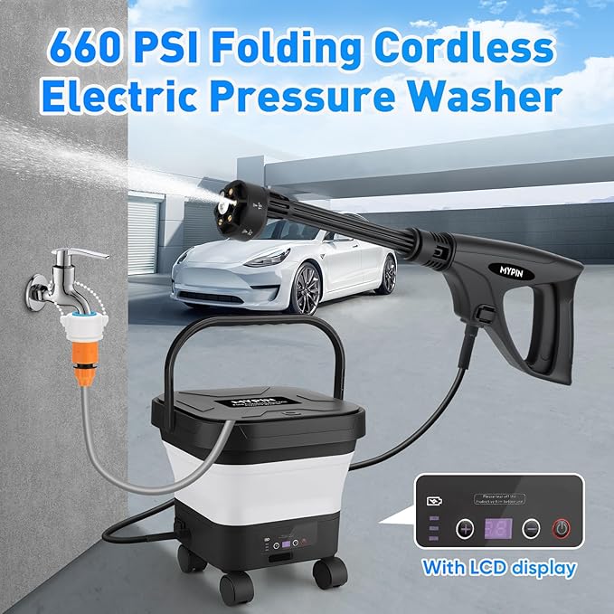 660PSI Portable Cordless Pressure Washer with Folding 3.4Gal Tank, 6-in-1 Nozzle, 7 Adjustable Pressure Levels, 7M Hose, Portable Sprayer with Wheels for Car Floor Wall Fence Cleaning (White)