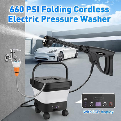 660PSI Portable Cordless Pressure Washer with Folding 3.4Gal Tank, 6-in-1 Nozzle, 7 Adjustable Pressure Levels, 7M Hose, Portable Sprayer with Wheels for Car Floor Wall Fence Cleaning (White)