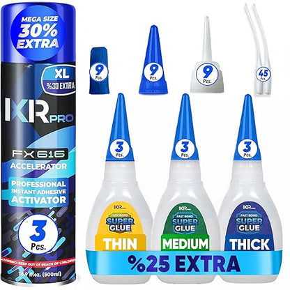 CA Glue with Activator Kit (9x1.75 oz. Thin-Medium-Thick + 3x16.9 fl.oz.) Cyanoacrylate Glue and Activator, Super Glue Accelerator, Super Glue for Wood, Woodworking, Plastic, Guitar, 3D Printing