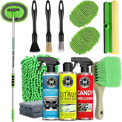 Wontolf Complete Car Wash Cleaning Kit with Car Wash Brush, Car Wash Soap, Interior Cleaner, Wheel Cleaner, Window Squeegee, Car Interior Detailing Kit for Cars Trucks RVs SUVs, 17pcs