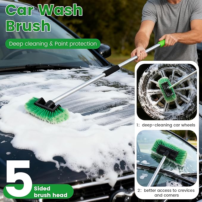 Car Wash Brush with Long Handle, 60'' Soft Bristle Cleaning Brush, Car Cleaning Brushes, Carwash Brushes for SUV, RV, Boat, Truck, House Siding, Sweep Snow, Green