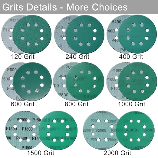 5 Inch 8 Hole Sanding Discs, 50 Pcs Wer Dry Sandpaper 1000 Grit Hook and Loop Green Polyester Film Backed Sanding Disc for Random Orbital Sander Wood Car Metal Plastic (1000 Grit, 50 Pack)