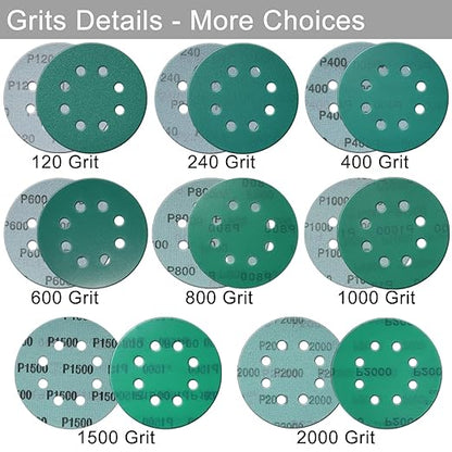 5 Inch 8 Hole Sanding Discs, 50 Pcs Wer Dry Sandpaper 2000 Grit Hook and Loop Green Polyester Film Backed Sanding Disc for Random Orbital Sander Wood Car Metal Plastic (2000 Grit, 50 Pack)