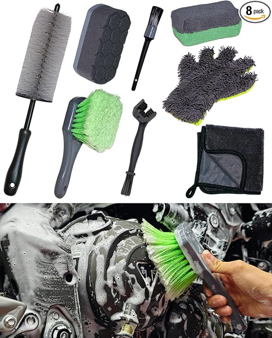 oesee 8 Pack Motorcycle Cleaning Kit - Professional Safe for Chrome/Engine/Tires, Hard Reach Brush, Microfiber Mitt, Detailing Tools, Drying Towel & Wax Applicators