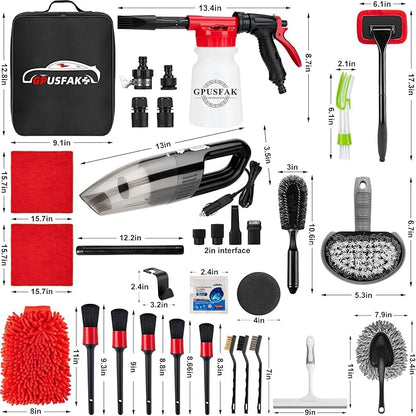 GPUSFAK 42Pcs Car Wash Cleaning Kit with Foam Gun Sprayer Detailing Brushes Car Vacuum Windshield Cleaning Tool Tire Brush Towels Complete Interior Exterior Detailing Set for Car