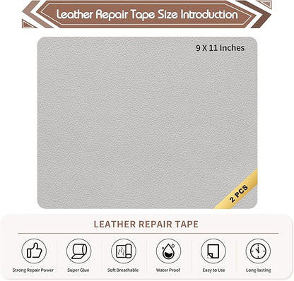 KING MOUNTAIN Leather Repair Patch,2 Packs 9 x 11 Inches self Adhesive Leather Repair Tape for Damaged Leather Furniture, Sofa Seating,Car Seats, Leather Goods (Light Grey)
