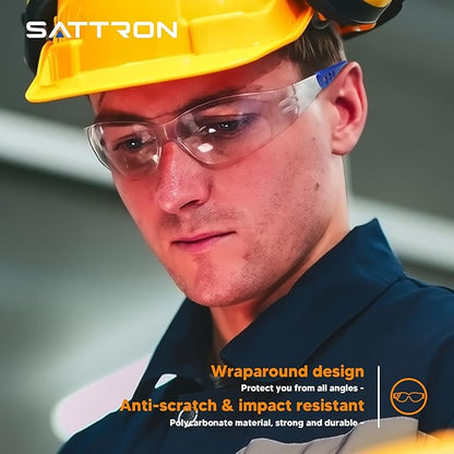 SATTRON Clear Safety Glasses 24 Pack, Polycarbonate Lens with Rubber Temples, Safety Goggles Anti-Scratch Impact Resistant, Eye Protection for Work Lab Construction, Clear Lens/Blue Frame