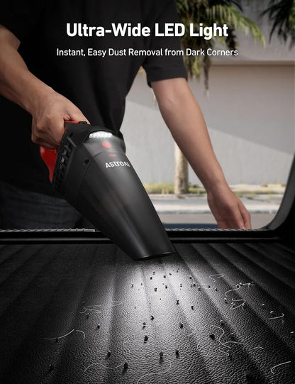 AstroAI Handheld Car Vacuum Cordless with Accessories, Portable Vacuum Cleaner with 12V DC Power, LED Light, Brush, Extended Suction Pipe, Hose, Mini Handheld for Car, Home, Office, and Pet Hair, Red