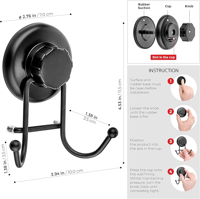 Suction Cup Hooks for Shower - Towel Hooks for Bathroom Wall Mounted Shower - Bathroom Hooks for Hanging - Stainless Steel SS304 Towel Holders, Black (2 Pack)