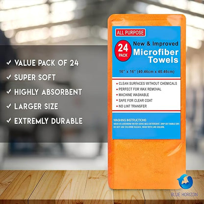 Blue Horizon Microfiber Cleaning Towels, Pack of 24, Ultra Soft Plush Washcloth, All Purpose Premium Microfiber Detailing Cleaning Cloths Reusable Shop Towels (16" x 16", Orange)