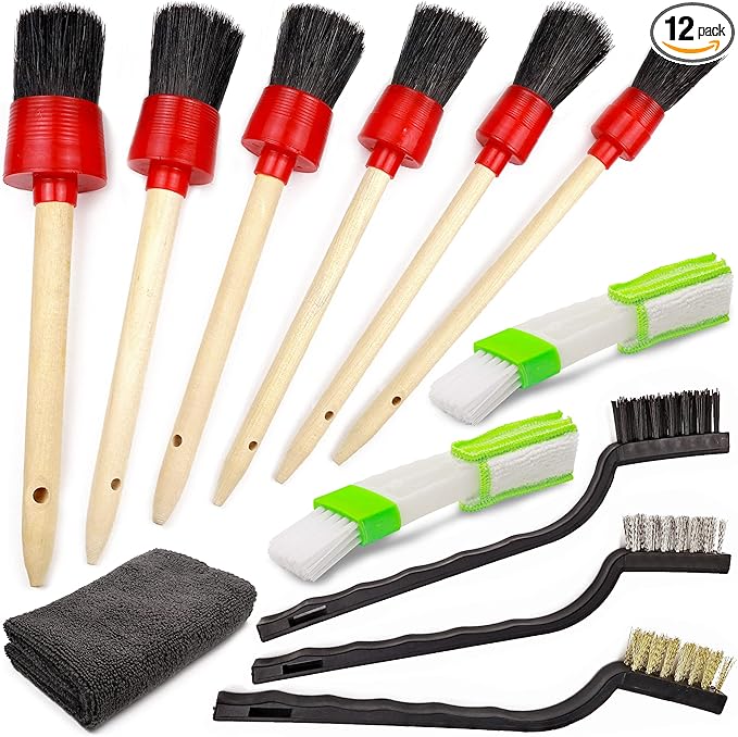 TAKAVU Complete Car Detailing Kit (12pc) - Detail Brushes, Wire Brushes, Vent Duster & Microfiber Towel for Wheels, Interior, Exterior, Engine Bay & Motorcycle Cleaning