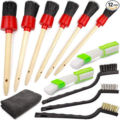 TAKAVU Complete Car Detailing Kit (12pc) - Detail Brushes, Wire Brushes, Vent Duster & Microfiber Towel for Wheels, Interior, Exterior, Engine Bay & Motorcycle Cleaning