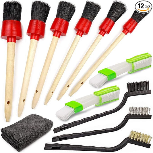TAKAVU Complete Car Detailing Kit (12pc) - Detail Brushes, Wire Brushes, Vent Duster & Microfiber Towel for Wheels, Interior, Exterior, Engine Bay & Motorcycle Cleaning